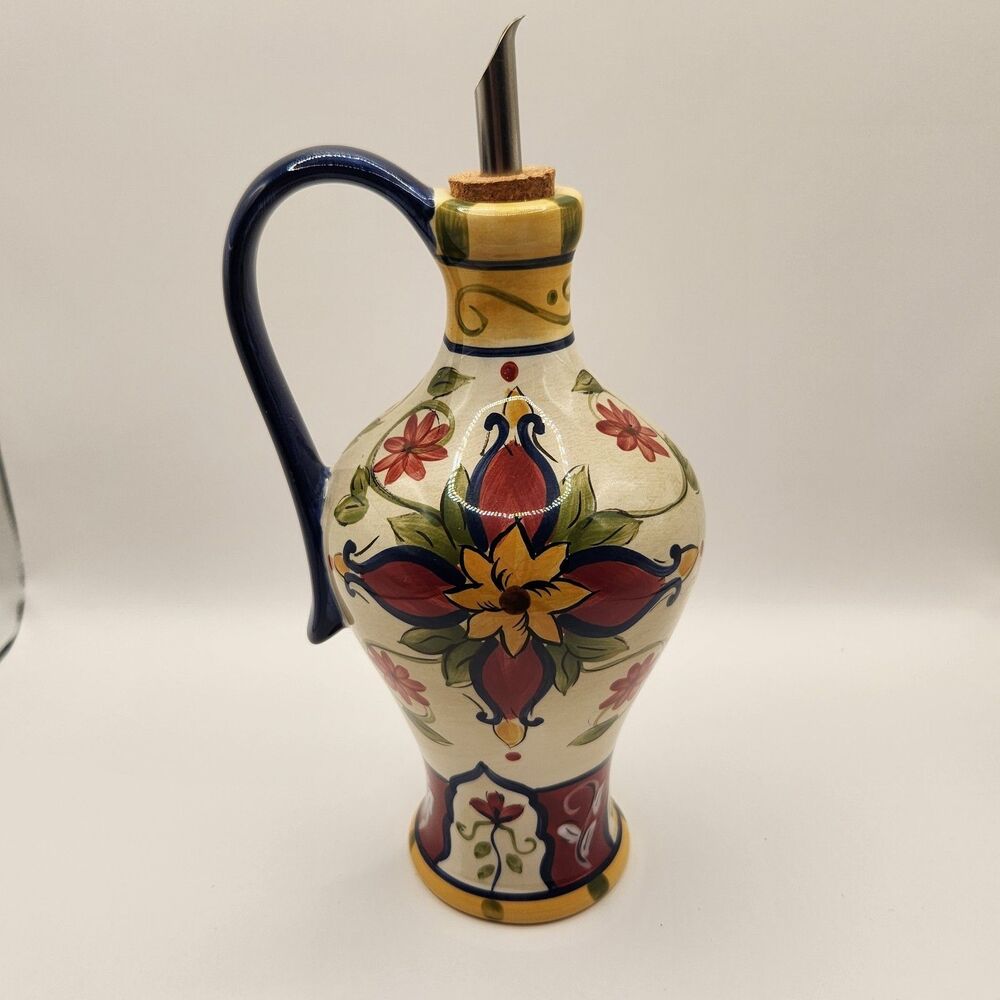 Pier 1 Oil Jar & Drizzle Spout Hand Painted Earthenware